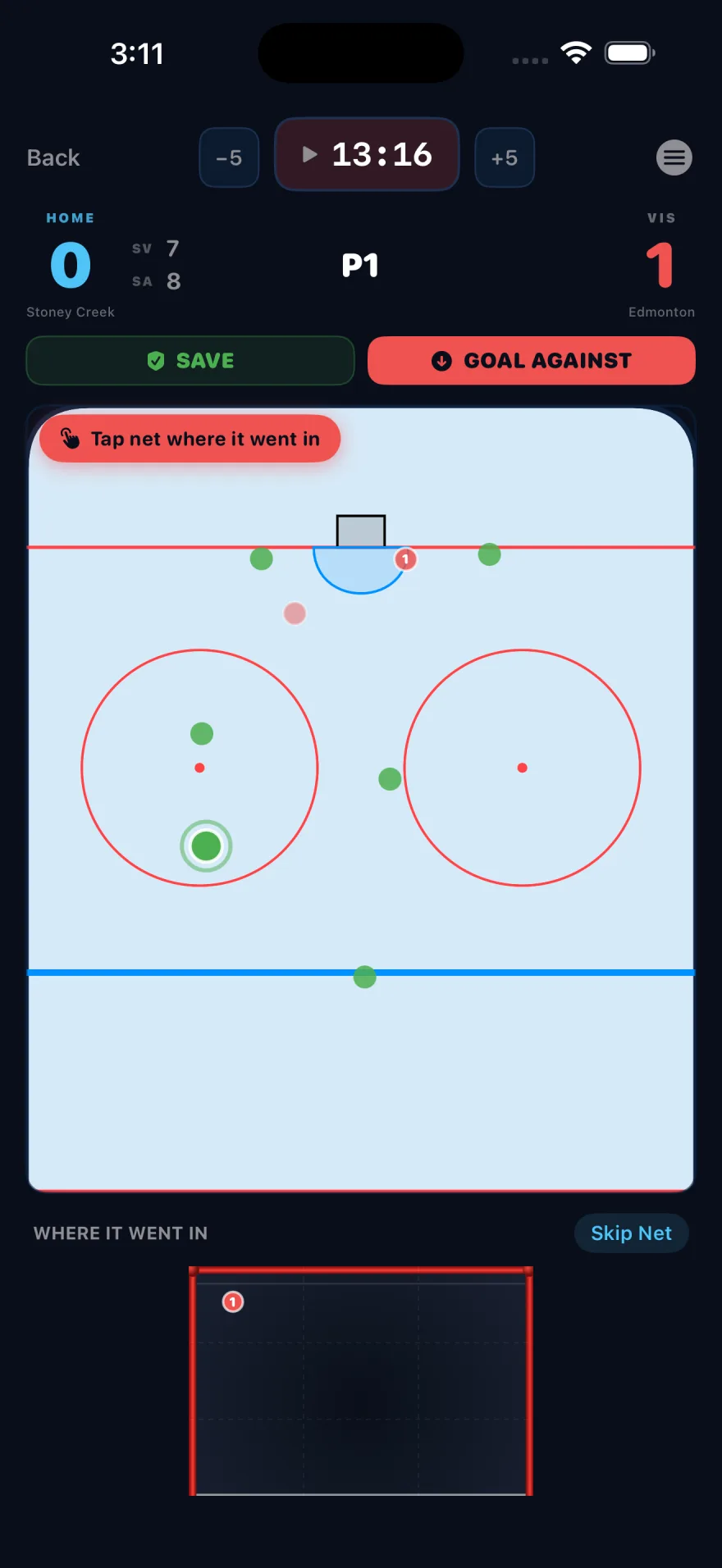 BackCheck Labs Goalie — tapping a save or goal against during a live game, with the shot chart building underneath