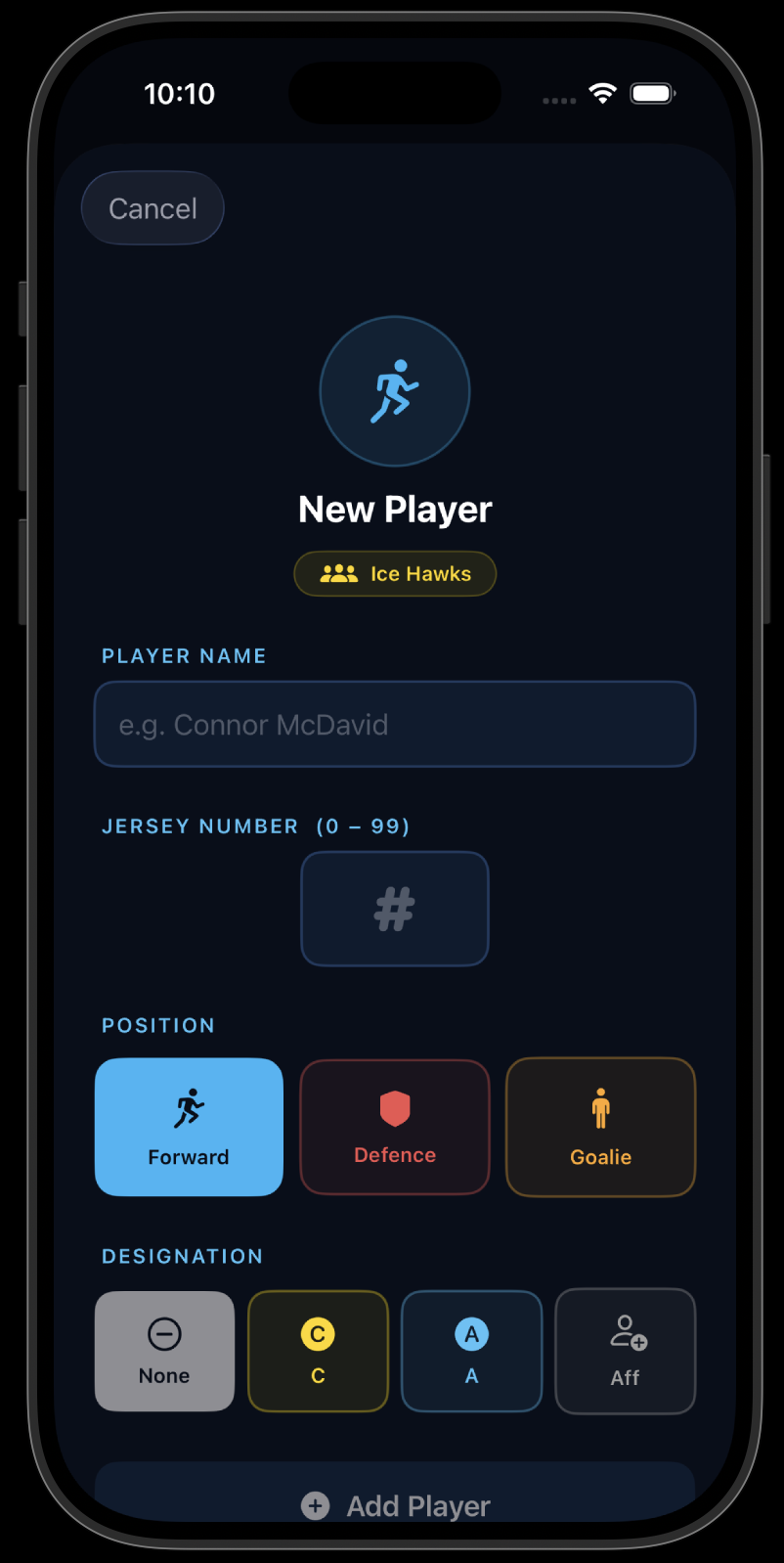 BackCheckLabs — Add a player to your roster
