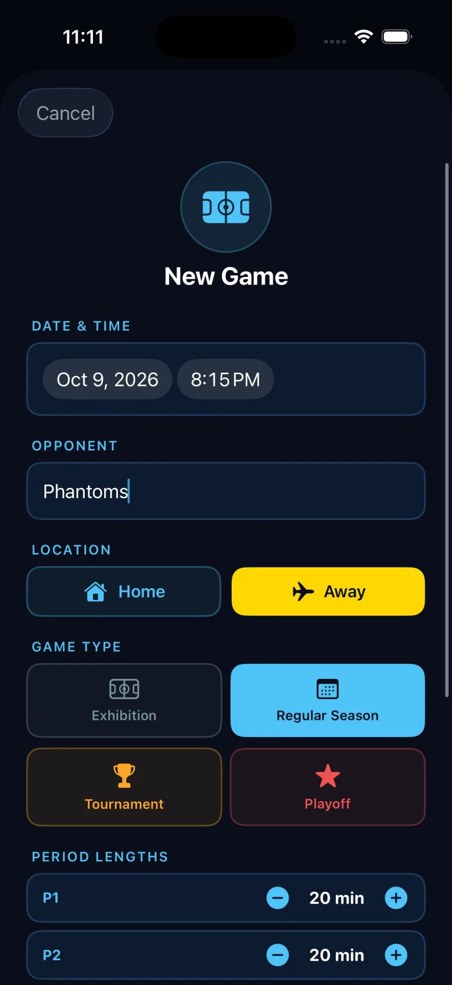 BackCheck Labs Team — new game setup screen