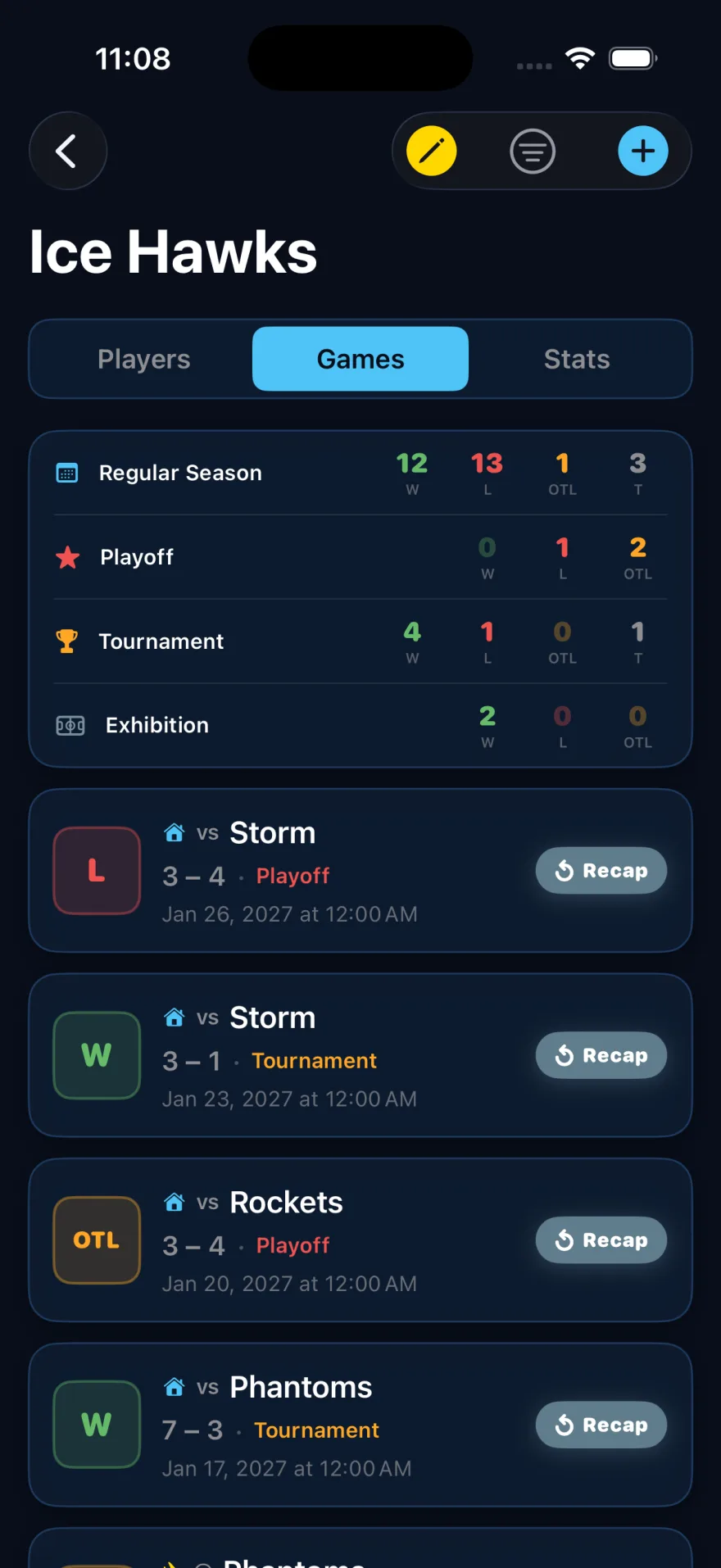 BackCheck Labs Team — season game log by game type